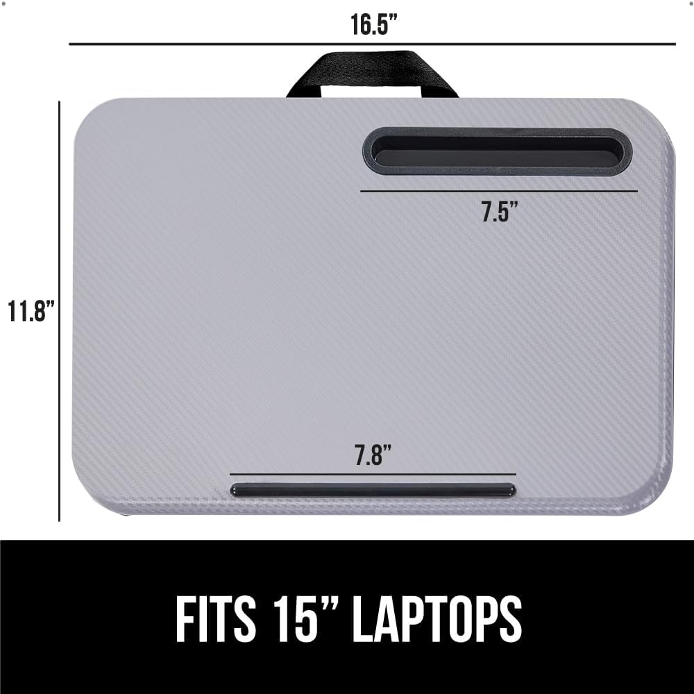 GORILLA GRIP Laptop Lap Desk with Phone Holder, Pillow Cushion Desks Fit Laptops up to 15.6", Tray Ledge Keep Computers in Place, Portable Travel Workstation Essentials for Home, Dorm Room, Gray