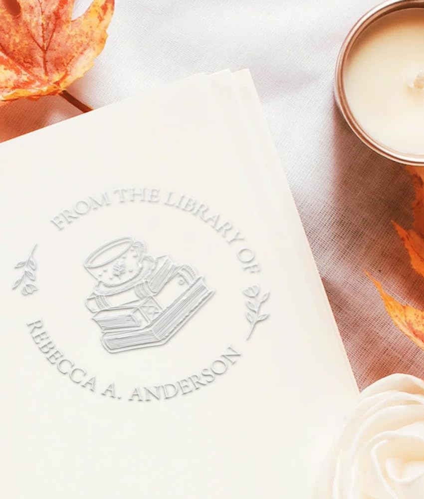 Personalized Book Embosser Stamp with Handle Set, Custom Self-Inking Library Stamp with Name & Design, Elegant Invitation Seal from Library Stamp Kit, Birthday, Book Lover Gifts （Name Sign）