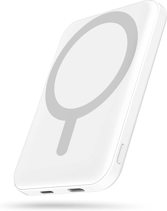 podoru for Magsafe Battery Pack, 5000mAh Magnetic Power Bank with Type-C Cable 20W PD Fast Charging Lighting Input Wireless Portable Charger for iPhone 17/16/15/14/13/12/ All Series-White