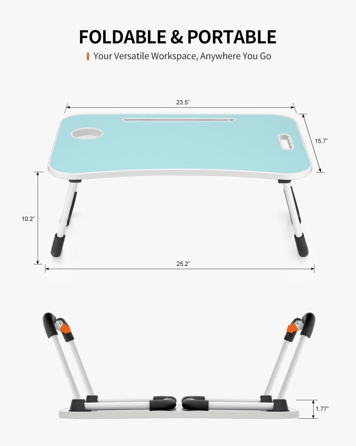Foldable Laptop Table, Portable Lap Desk Bed Table Tray, Laptop Stand with Cup Holder & Tablet Slot & Lifting Handle for Working Writing Drawing & Eating (Blue)