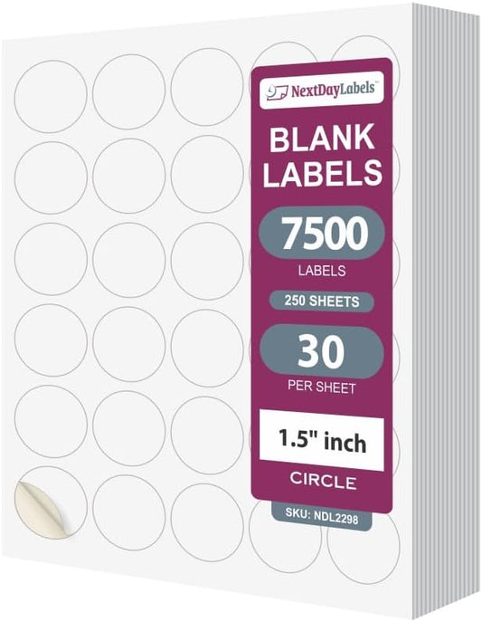 NextDayLabels 1.5 Inch Round Stickers for Printer - Matte White Blank Laser/Inkjet Printable Circles (250 Sheets, 30 Per Sheet, 7500 Labels)