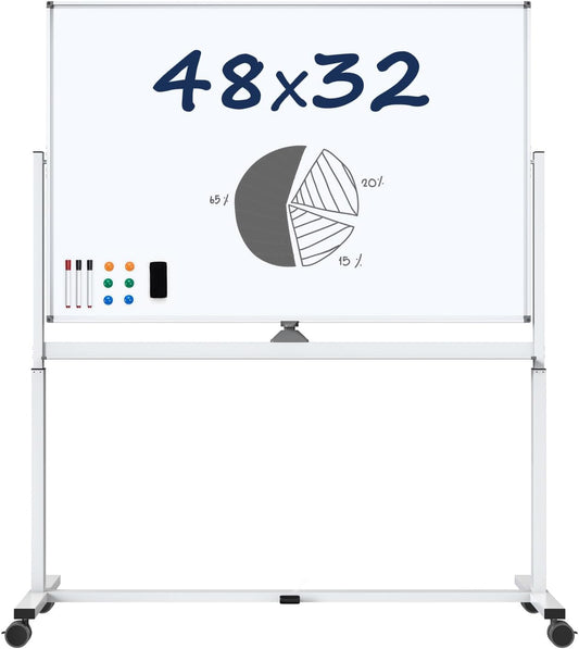 Large Dry-Erase Rolling Magnetic Whiteboard - TSJ OFFICE 48 x 32 Inches Dry Erase Board with Stand Height Adjust Double Sides Mobile White Board Easel on Wheels Office, Home & Classroom
