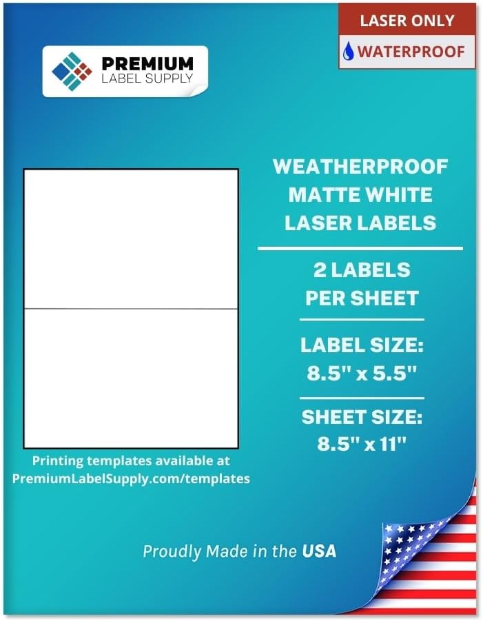 Premium Label Supply Waterproof Matte White Shipping Labels – 8.5" x 5.5" – Laser Printers Only – (2 per Sheet), 25 Sheets - 50 Total Adhesive Labels