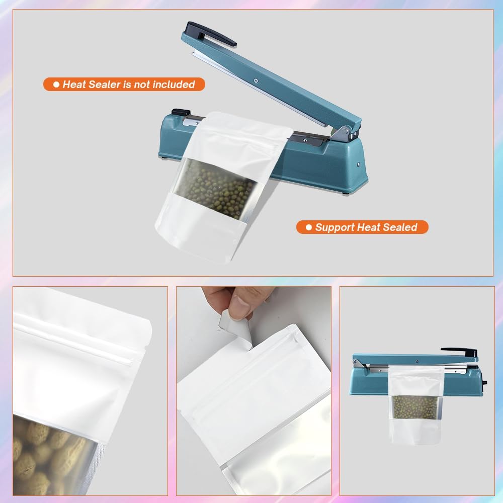 4CP 100 Pcs 3.5x5.0 Inch Zipper Smell Proof Bags with Window, Stand Up Foil Pouches for Food Selfsealing Storage, Reusable Bag for Packaging Small Business, Cookies, Nunt, Candy White