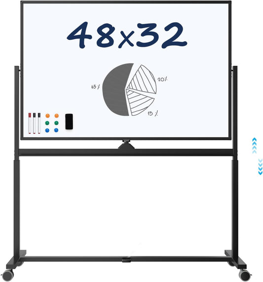 Large Dry-Erase Rolling Magnetic Whiteboard - TSJ OFFICE 48 x 32 Inches Dry Erase Board with Stand Height Adjust Double Sides Mobile White Board Easel on Wheels Office, Home & Classroom