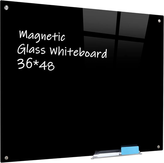 Magnetic Black Glass Board with Eraser Frameless Tempered Glass Dry Erase Blackboard with Marker Tray for Interactive Office, Wall Mounted Frosted Black Glass Board, 48" x 36"