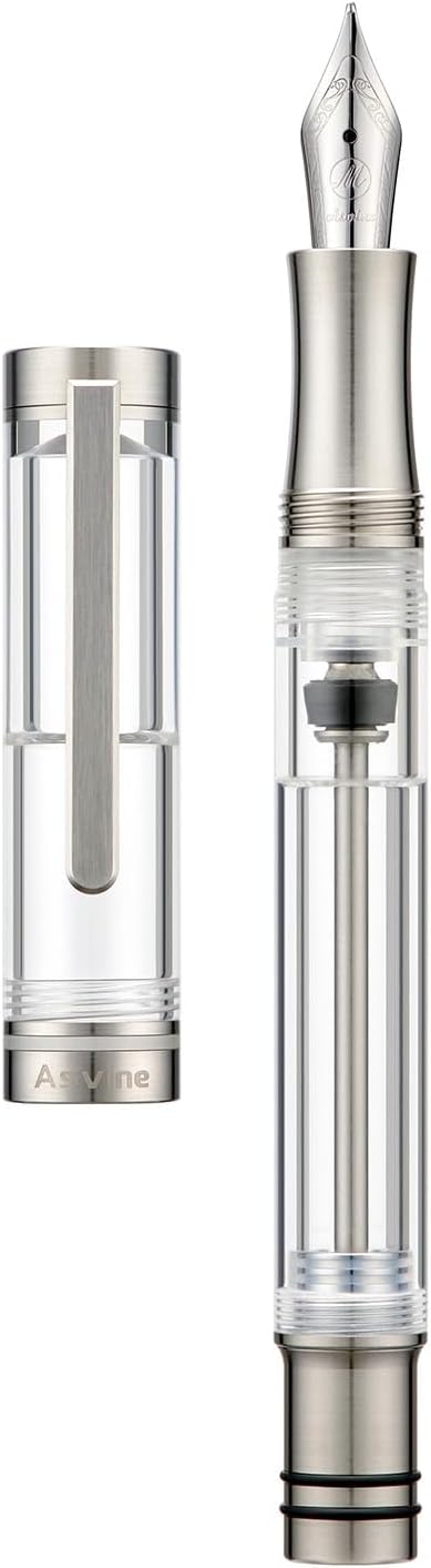 Asvine V200 Titanium Fountain Pen Vacuum Filling, Iridium Medium Nib Clear Transparent Acrylic Smooth Writing Pen Case Set