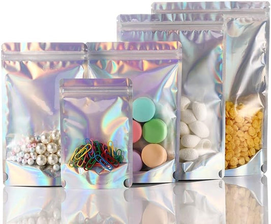 150 Pcs Mylar Bags for Food Storage, 5x8 Mylar Bag with Window Stand Up, Small Holographic Resealable Bags Smell Proof Bag Food Packaging for Small Business Freeze Dried Candy Jewelry Foil Packaging