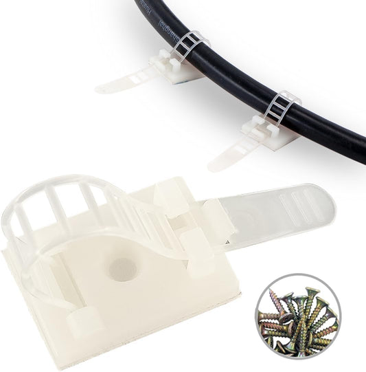 HS Wire Management Clips Clear with Screw Hole (50 Pack) Adjustable Cable Straps 3 Inch with 3M Adhesive Tape,Cable Fasteners for Christmas Lights,Desk,Wall to Hold Extension Cord