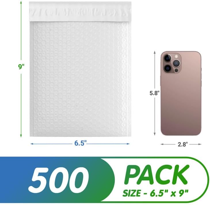 White Poly Bubble Mailers 6.5 x 9 Inch. Pack of 500 Padded Envelopes Waterproof. Self Seal Padded Mailers with Durable Seams. Lightweight Padded Shipping Envelopes for Mailing Fragile Things