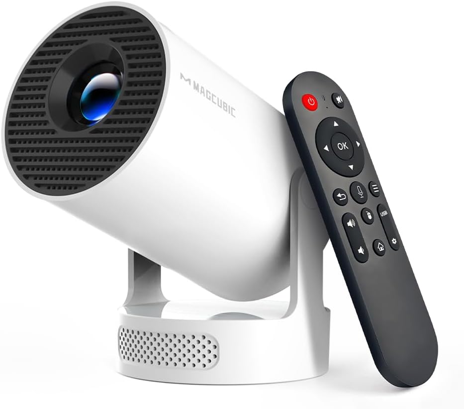 Mini Projector with WiFi 6 and Bluetooth 5.4, Portable Projector 4K support, 5w Soundbase Speaker, Auto Vertical Keystone 180°Rotatable Smart Proyector for Movie Home Outdoor HY300Pro+