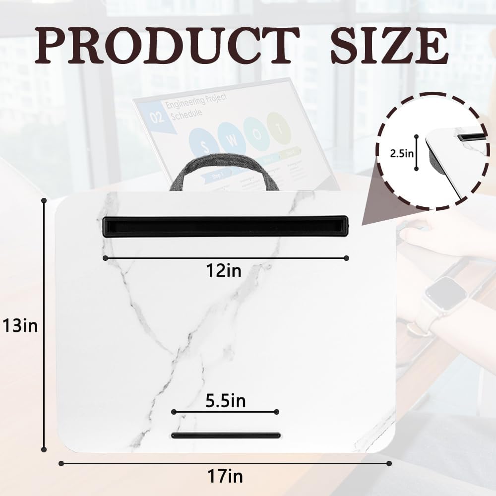 Portable Laptop Desk Fits Up to 16“ Laptops, with Tablet Slot, Built-in Cushion, Great for Home & Office,Lap Desk for Laptop,Lap Desk with Cushion (White Marble, Medium)