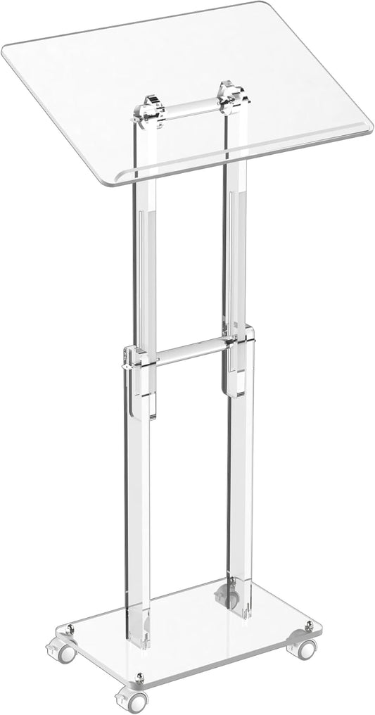 HMYHUM Acrylic Podium Stand with Lockable Wheels, Angle & Height Adjustable, Clear Rolling Podium, Mobile Lecterns & Pulpits for Classroom, Concert, Church, Speech, Multi-Purpose, Modern