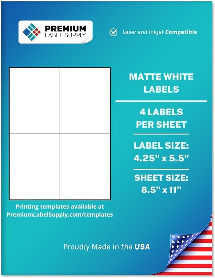 Premium Label Supply White Sticker Shipping Labels – 4.25" x 5.5" – Laser/Inkjet Compatible – (4 per Sheet), 2000 Sheets – 8000 Total Adhesive Labels