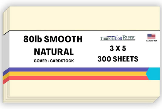 300 Natural Smooth Card Stock Sheets Paper - 3 X 5 Inches Index|Recipe Card|Photo|Frame Size - 80# (80 lb/Pound) Cover Weight - Quality Paper - Smooth Finish
