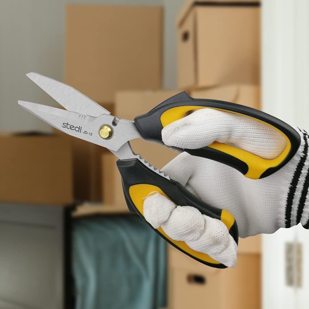 Stedi Scissors Heavy Duty 8-Inch,Multipurpose Scissors,Sharp Stainless Steel Shears with Serrated Edge & Protective Cover,Non-Slip Handle,Easy Cutting Cardboard, Carpet,Leather, Fabric, Wires, Yellow