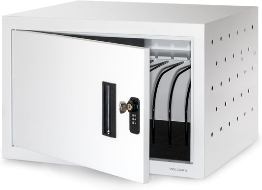 Volcora 12 Device Charging Cabinet for Laptop, Tablet, Chromebook, iPad, Wall Mounted Locking Charging Station with Keys, Surge Protection, Cable Management for Classroom, School Supplies, White