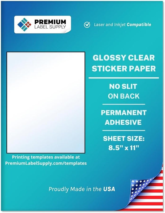 Premium Label Supply Glossy Clear Sticker Paper – 8.5" x 11" Full Sheet Labels – Laser/Inkjet Compatible – 100 Sheets