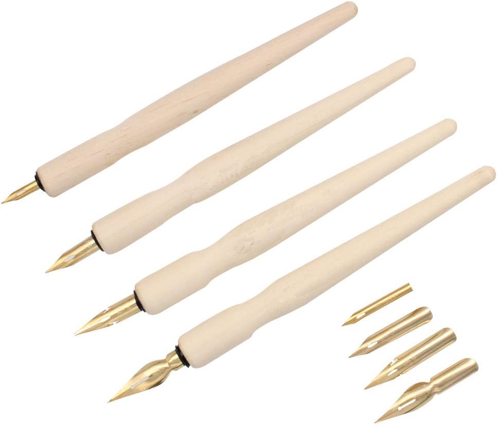 Wooden Professional Manga Pen Dip Pen Set with 4 Nibs Manga Cartoon Comic Drawing Painting Kit - 4 Pcs