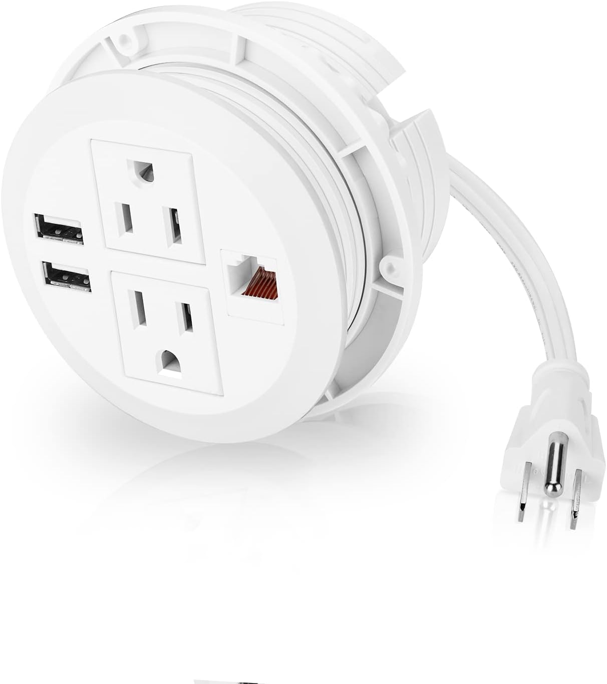 BTU Desktop Power Grommet with USB, 3 inch Hole Recessed Power Outlet, Flush Mount Power Strip Outlet with 2 AC Outlet & 2 USB Ports & 1 CAT6 & 10ft Power Cords for Table, Office, Home, Hotel, White
