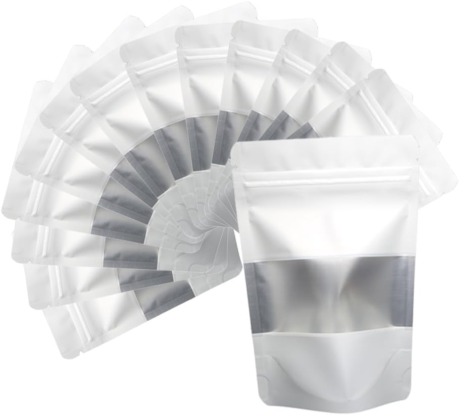 4CP 100 Pcs White Zipper Smell Proof Bags with Window, 6.3x9.5 Inch Stand Up Foil Pouches for Food Selfsealing Storage, Reusable Bag for Packaging Small Business, Cookies, Nunt, Candy