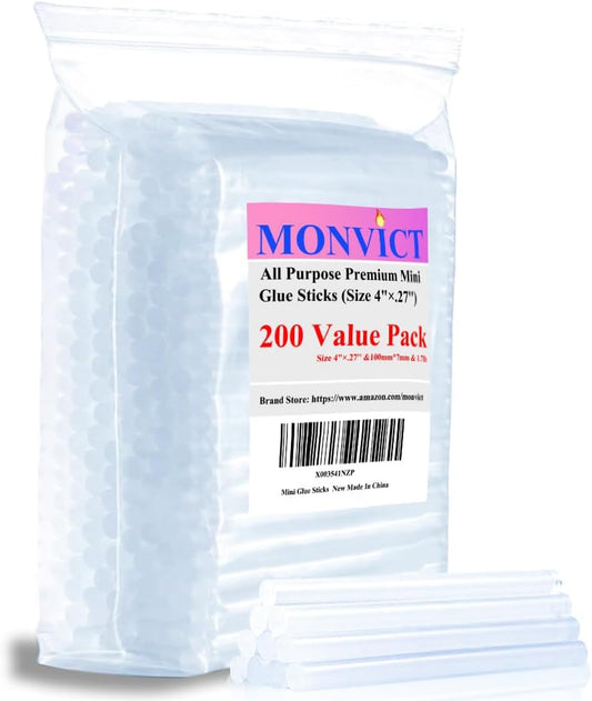 MONVICT 200 Pack Mini Hot Glue Gun Sticks with 4" Long 0.27” Diameter, Craft Hot Glue Pastes All Purpose Hot Melt Glue Sticks for Most Glue Guns, Clear Glue Sticks for DIY, Arts & Crafts