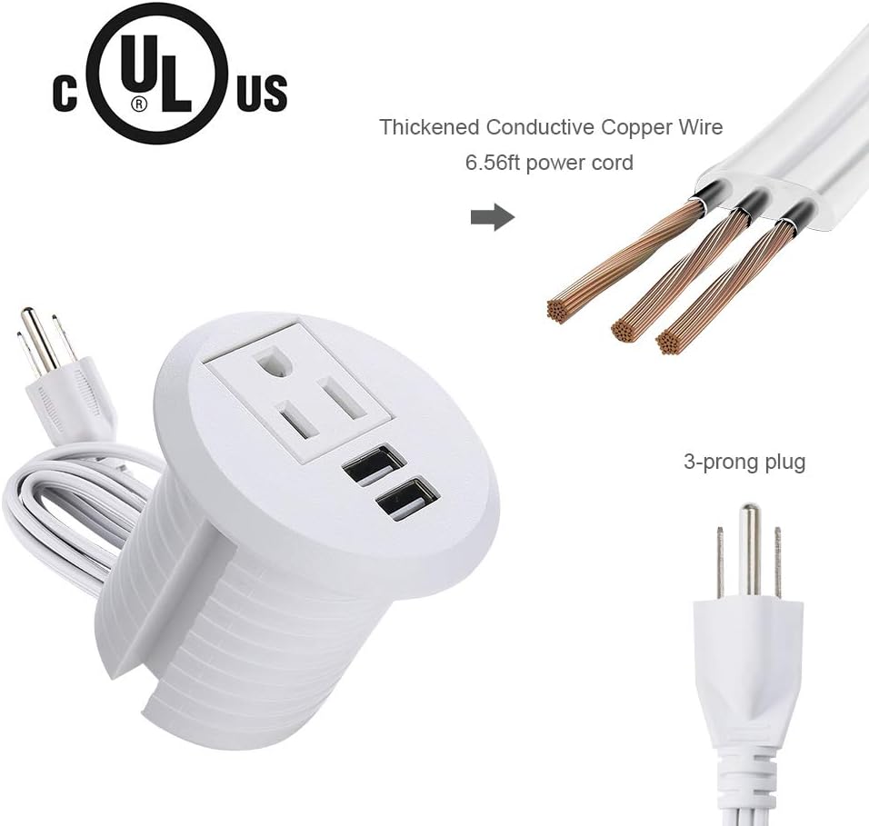 Maggie Desktop Power Grommet,2inch Hole Table Power Grommet Outlet with 2 USB Charging Ports,6.5ft Extension Cord Desk Power Strip with 1 Outlets for Computer,Table,Kitchen,Office,Home