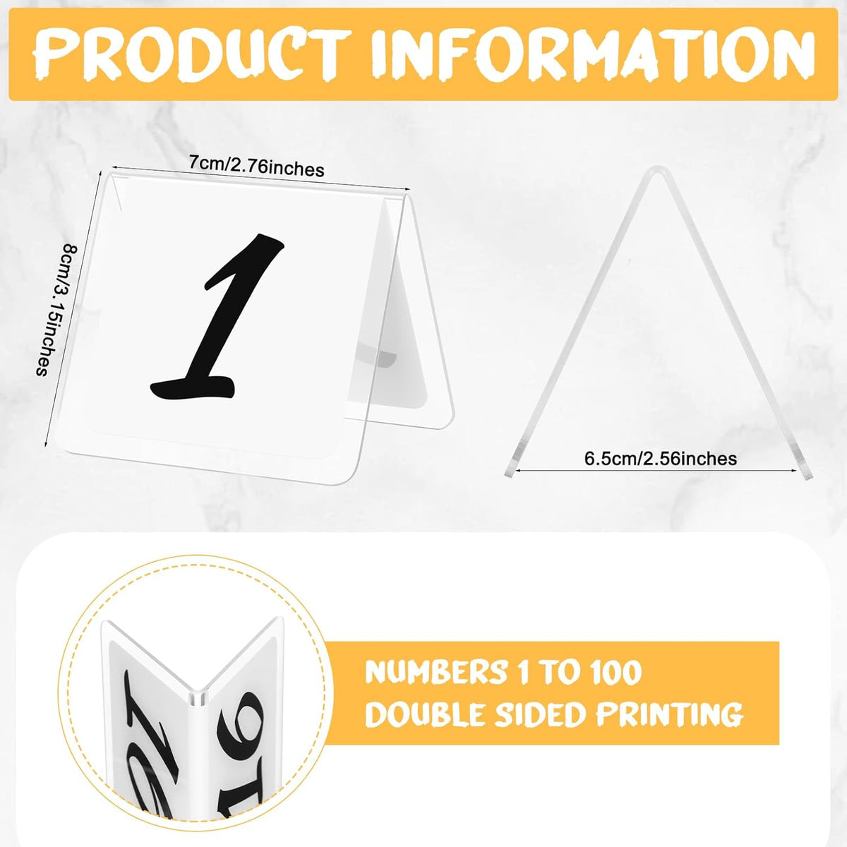 Suzile Table Numbers 1-100, 100-piece Double Sided Gold Acrylic Table Number Tents, 3.15" x 2.75" Number Signs for Receptions, Banquets, Restaurants, and Wedding (White and Black)