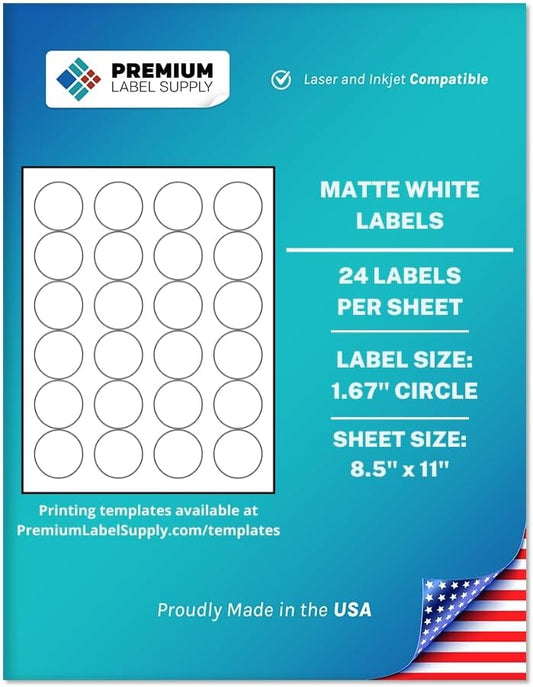 Premium Label Supply White Sticker Round Labels – 1-2/3" Circle – Laser/Inkjet Compatible – (24 per Sheet), 2000 Sheets – 48,000 Total Adhesive Labels