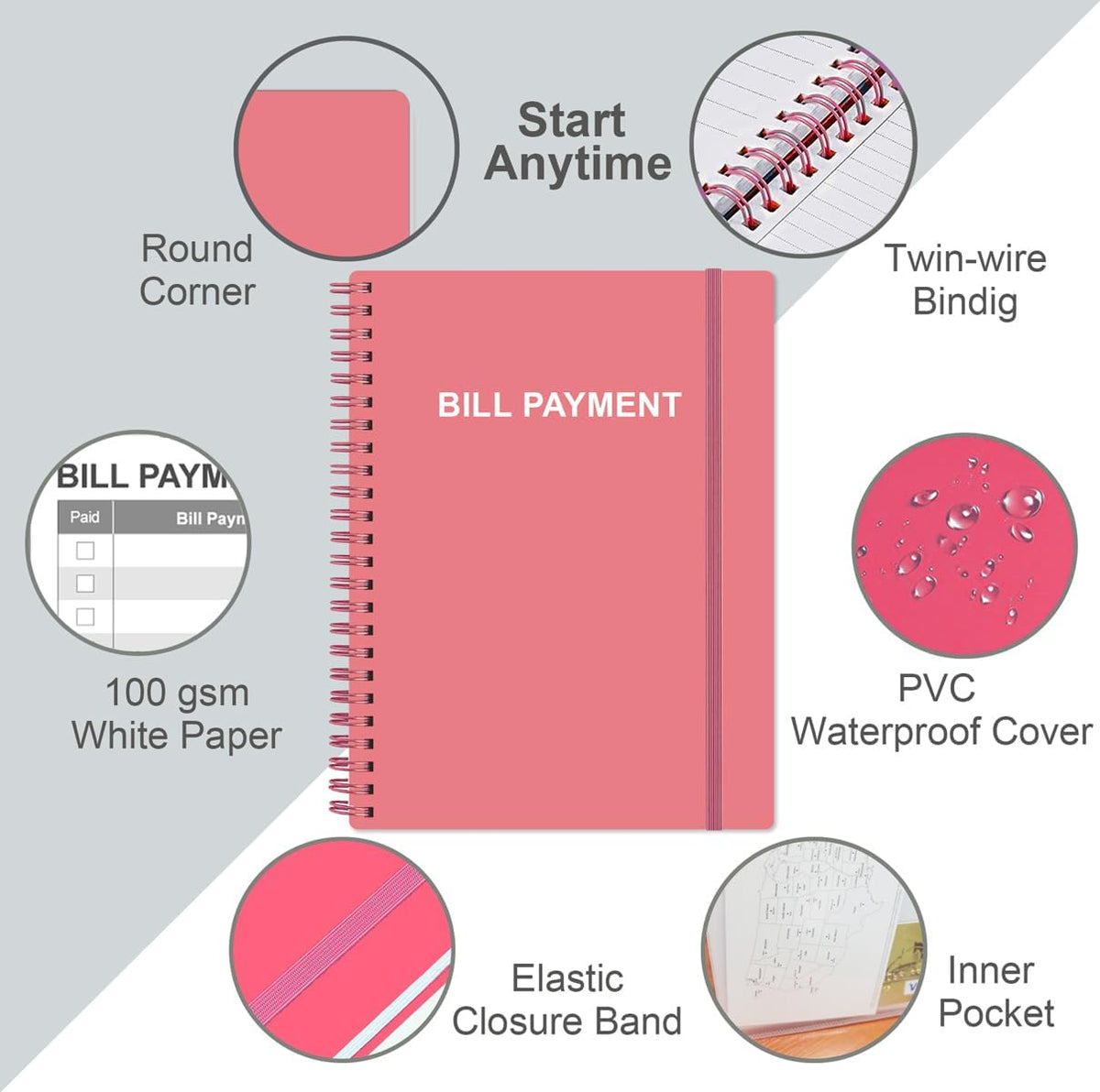 Bill Payment Tracker Notebook - Monthly Bill Organizer & Planner for Personal Budgeting Financial, Payments Checklist Organizer, 8" x 10.5", Pink