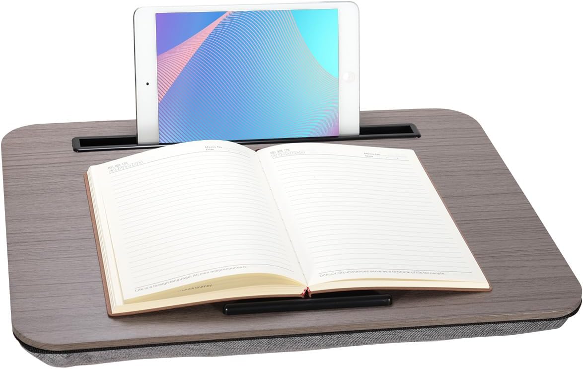 Portable Laptop Desk Fits Up to 16“ Laptops, with Tablet Slot, Built-in Cushion, Great for Home & Office,Lap Desk with Cushion (Walnut, Medium)