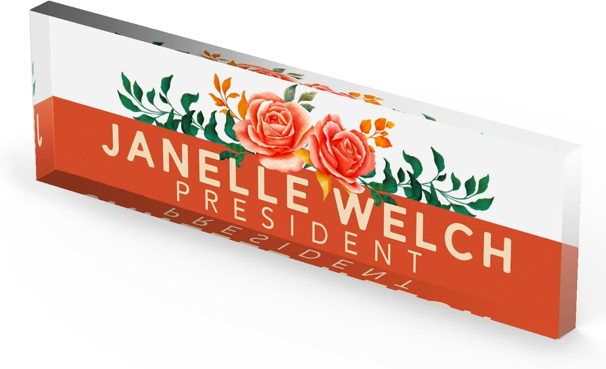 Artblox Office Personalized Name Plate for Desk with Business Card Holder On Clear Acrylic Glass Orange Roses Design Custom Desk Name Plate with Your Name and Credentials Customized Gift