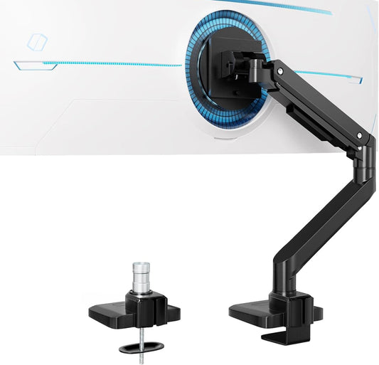 Premium Heavy Duty Monitor Arm for 17 to 49 inch Screens up to 44lbs, Fully Adjustable Ultrawide Single Clamp-on Desk Mount Stand, VESA 75x75/100x100mm (Black)