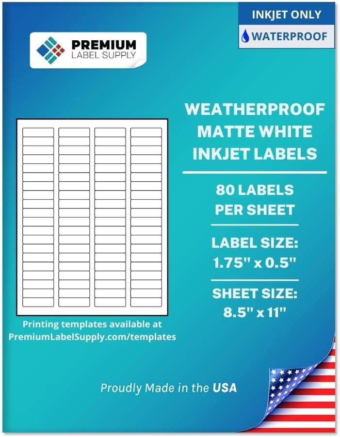 Premium Label Supply Waterproof White Return Address Sticker Labels – 1.75" x 0.5" – Inkjet Printers Only – (80 per Sheet), 1000 Sheets - 80,000 Total Adhesive Labels