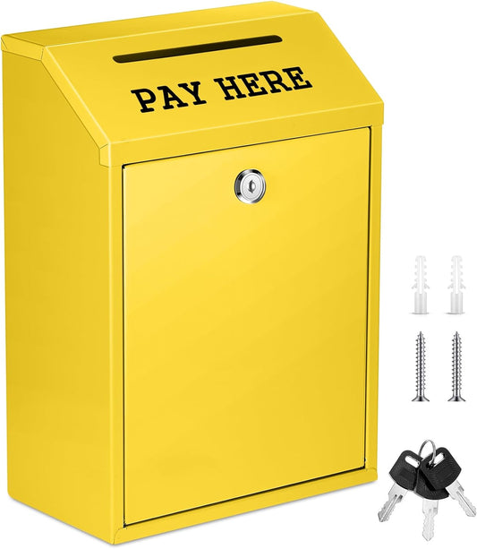 Safe Cash Box Money Collection Metal Donation Box with Lock Wall Mount Pre Drilled Mailbox Delivery Ballot for Home Office Outdoor Self Serve Stand(Yellow,11.8 x 8.6 x 4.7 Inch)