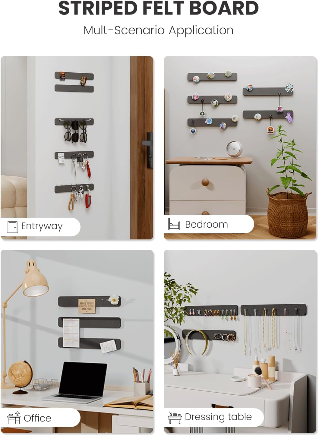 Cork Board Alternative Felt Strip Board 5-Pack 13"x2", Office Pin Board with 35 Push Pins, Adhesive Install for Bedroom Door & Home Office(Black)