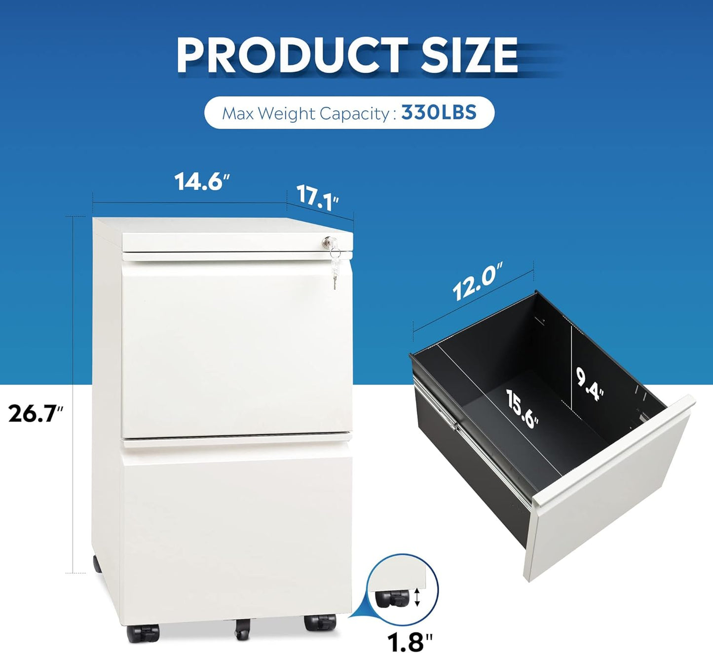 DEVAISE 2 Drawer Mobile File Cabinet with Lock, Commercial Vertical Cabinet, White