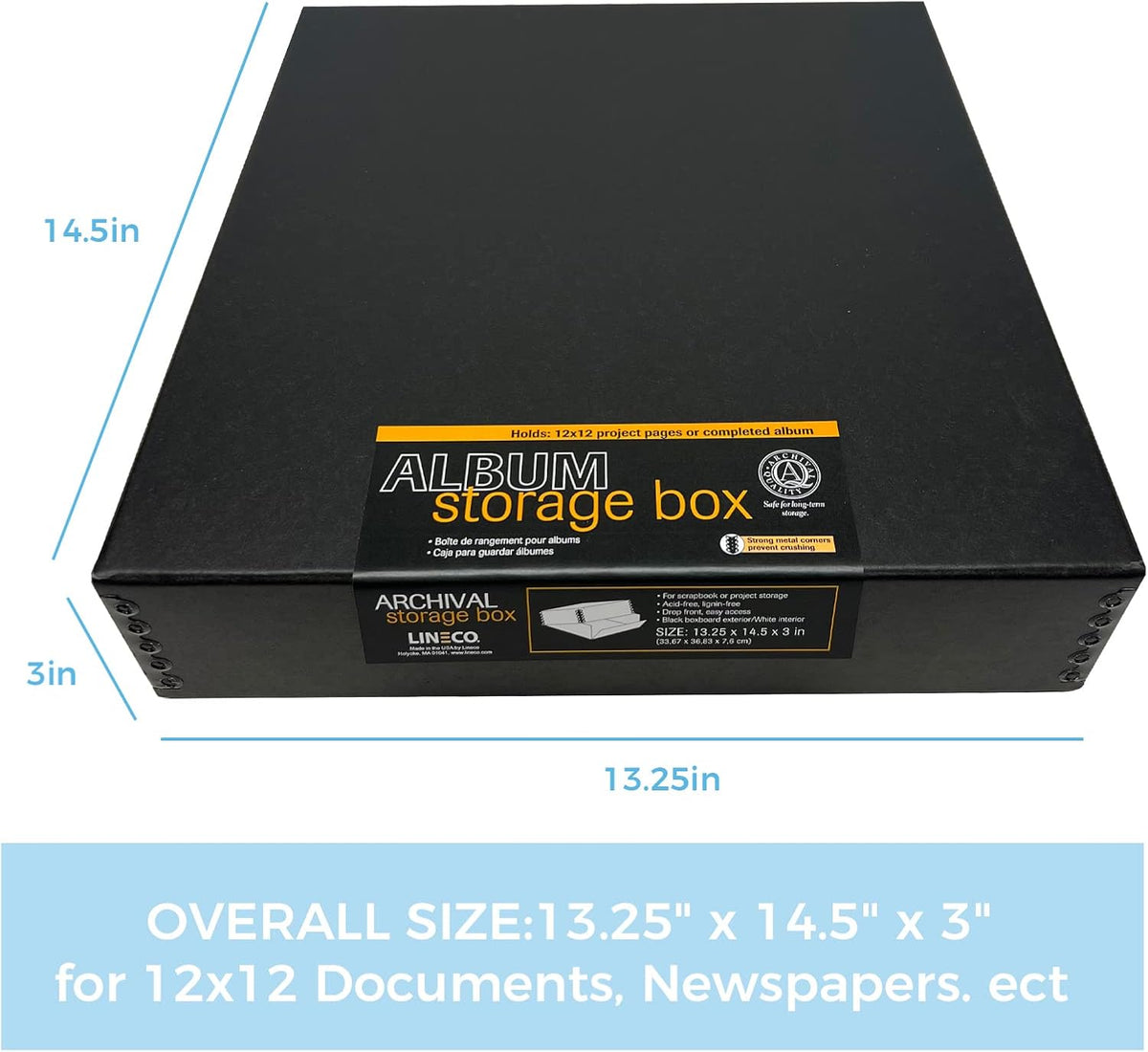 Lineco 12x12 Archival Scrapbook Storage Box, Acid Free Drop-Front Box with Removable Lid. Preserves Photos, Documents, Crafts, Cards, Magazines, Prints, Albums and Paper Projects, Black