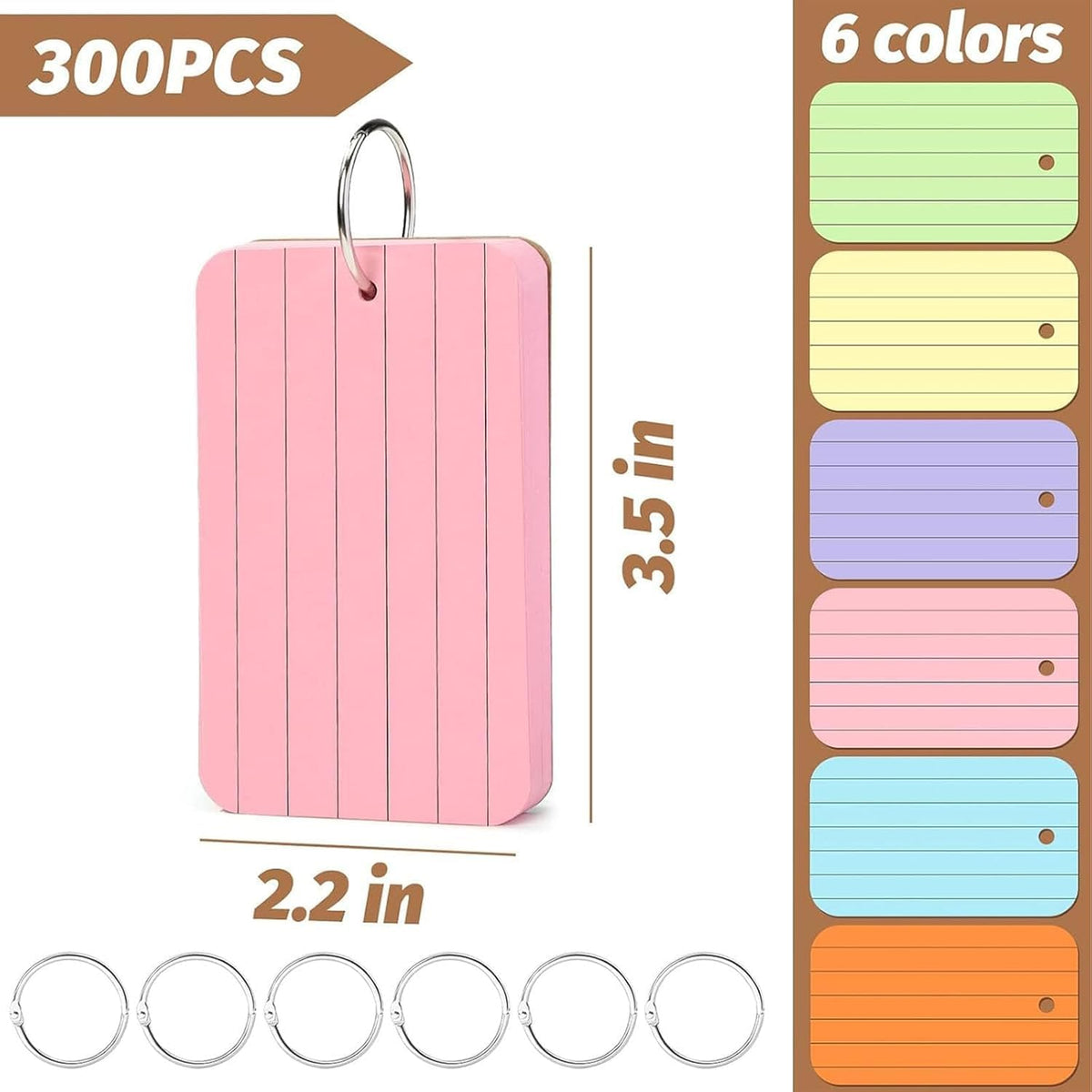 Koogel Colored Index Cards, 300 Count, 2.2 x 3.5 Inchs Flash Card Lined Ruled on Both Side, 6 Assorted Colors, Heavyweight Notecards for School Studying Learning College Office Home Taking Notes