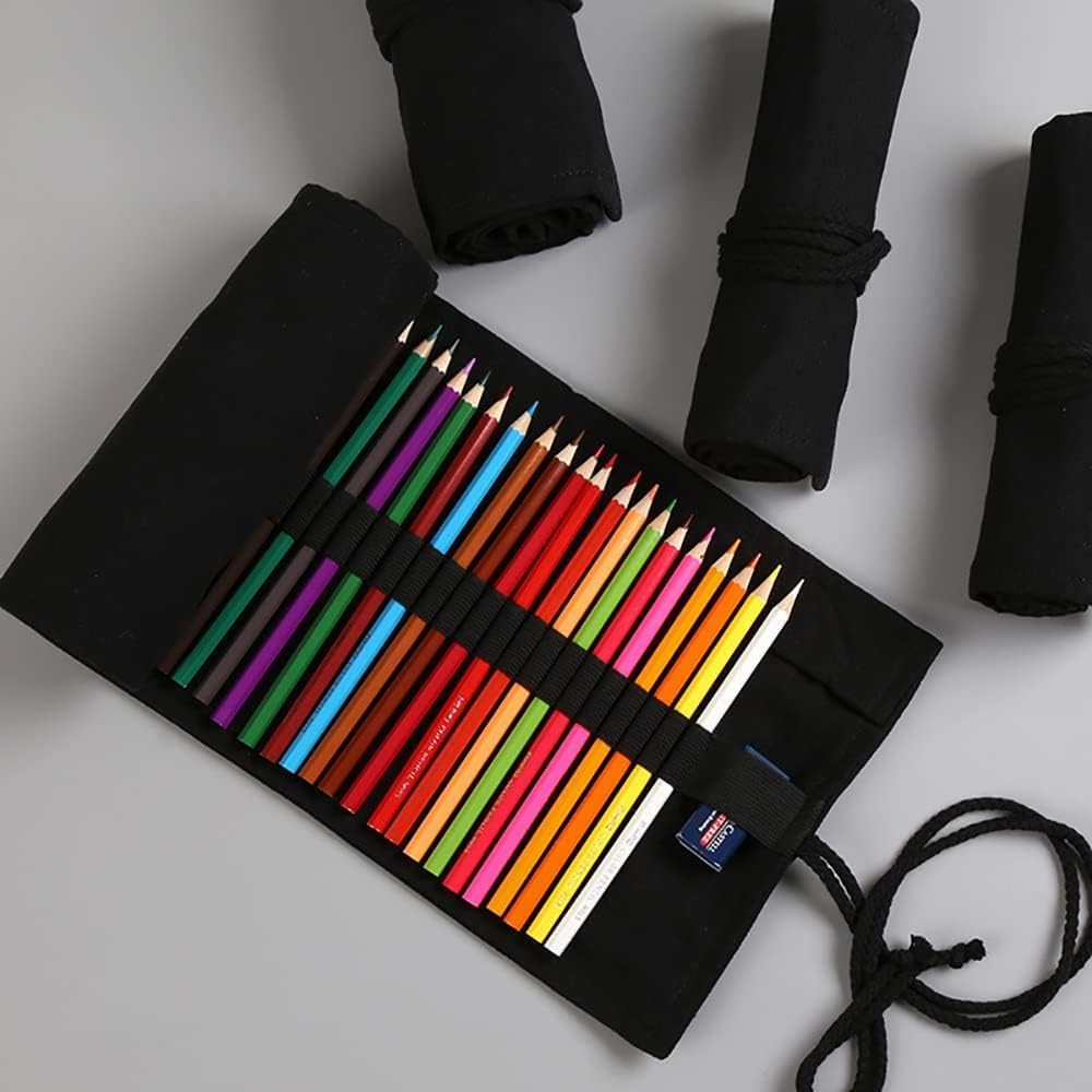 DIYOMR 12/24/36/72 Slots Pencil Wrap Pencil Rolls, Artist Colored Pencil Roll Up Bag Short Brush Pouch Case Pencils Organizer for Drawing Coloring and Sketching, No Pencils (Black, 12slots), PCD1098