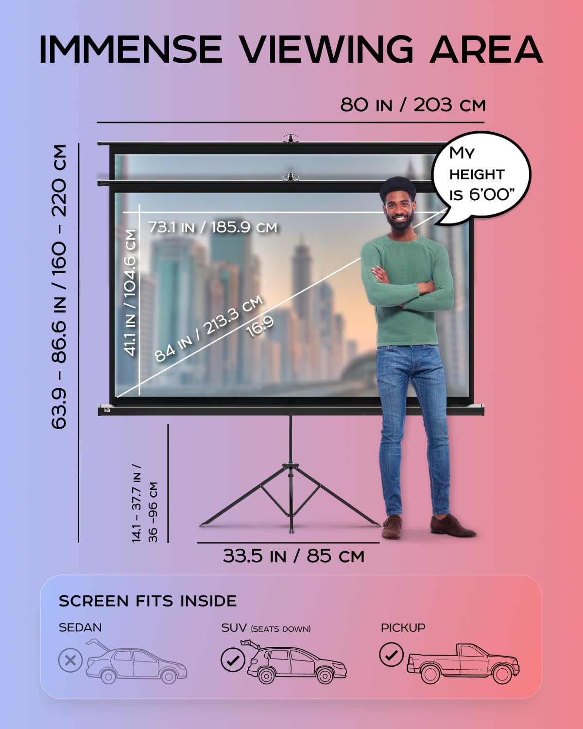 PropVue Projector Screen with Stand 84" - Indoor & Outdoor Projection Screen for Movie or Office Presentation - 16:9 HD Premium Wrinkle-Free Tripod Screen for Projector with Carry Bag & Tight Strap