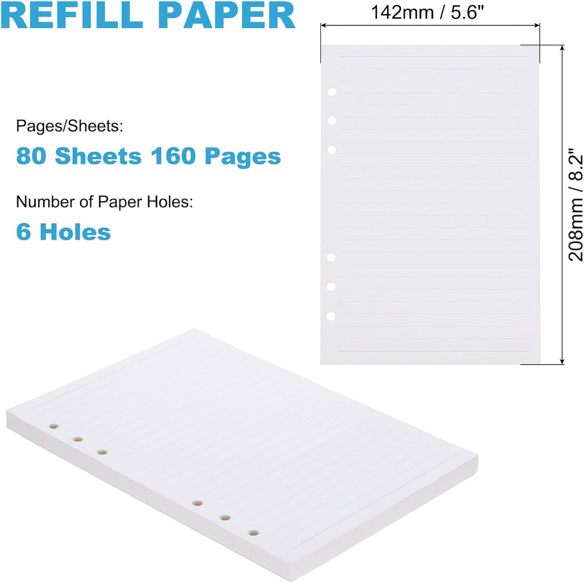 PATIKIL A5 Ruled Refills Inserts 6-Ring Binder Loose Leaf Planner Filler Paper Planner Inserts, 80 Sheets/160 Pages, Lined, White