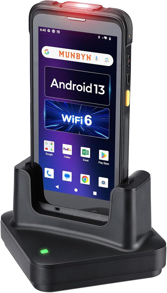 MUNBYN Upgraded Android 13 Barcode Scanner with 5.5" Full Screen & Dock Charger, Equipped with Zebra SE4710 Engine, Rugged PDA Handheld Mobile Computer Wireless Wi-Fi 6, 4G LTE, Inventory Scanner