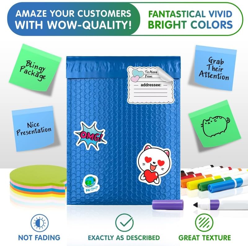 Blue Poly Bubble Mailers 5 x 9 Inch. Pack of 250 Padded Envelopes Waterproof. Self Seal Padded Mailers with Durable Seams. Lightweight Padded Shipping Envelopes for Mailing Fragile Things