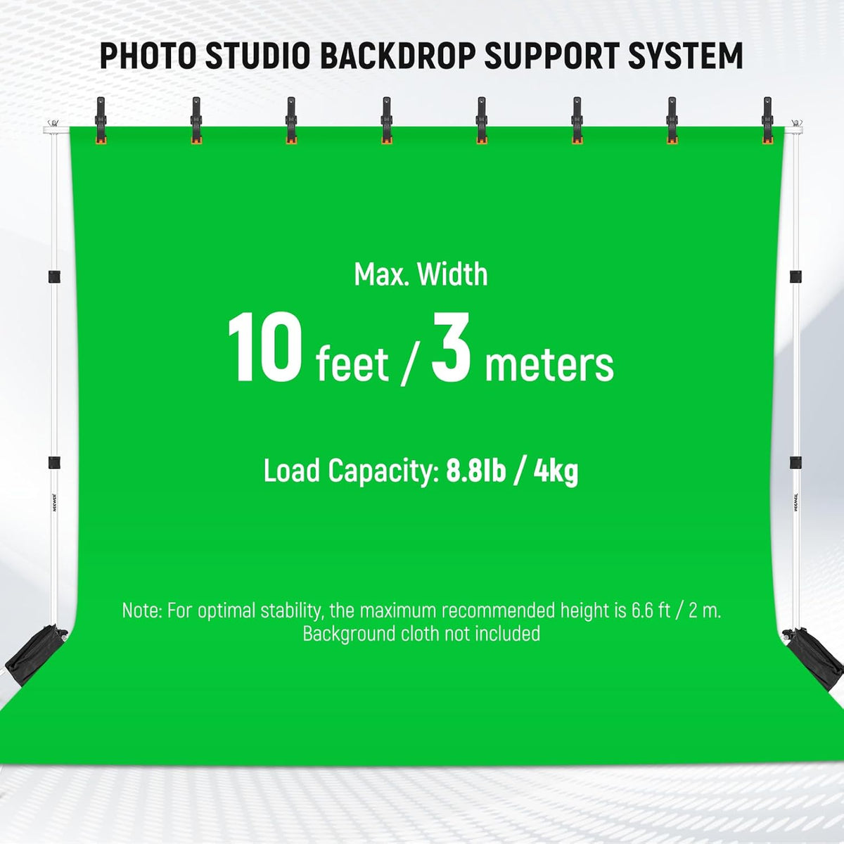 Neewer Photo Studio Backdrop Support System, 10ft/3m Wide 6.6ft/2m High Adjustable Background Stand with 4 Crossbars, 6 Backdrop Clamps, 2 Sandbags, and Bag for Portrait & Studio Photography-White