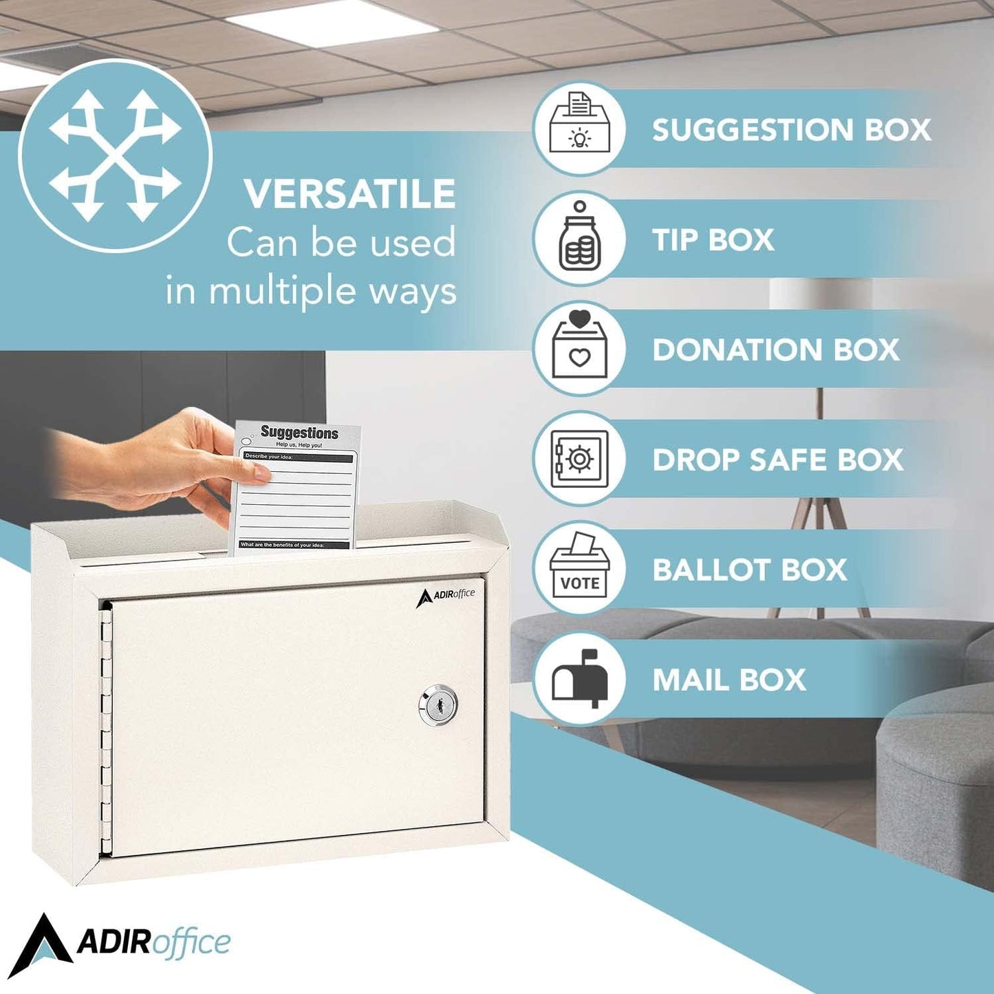 Adir Suggestion Box with Slot and Lock - Money Drop Box with Lock, Cash Dropbox - 9.8x7.5x3.4 Inches Wall Mount Donation Box - Metal Deposit Box in White