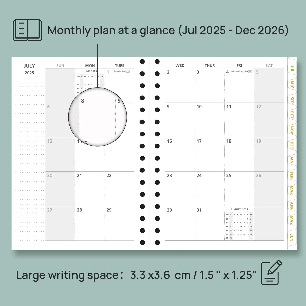 POPRUN Monthly Planner 2025-2026 Spiral Hardcover (6.25'' x 8.5''), 18 Months Calendar (Jul.2025 - Dec.2026)- 2 Pages per Month with Dotted Note Pages, Sunday Start, Laminated Tab - Black