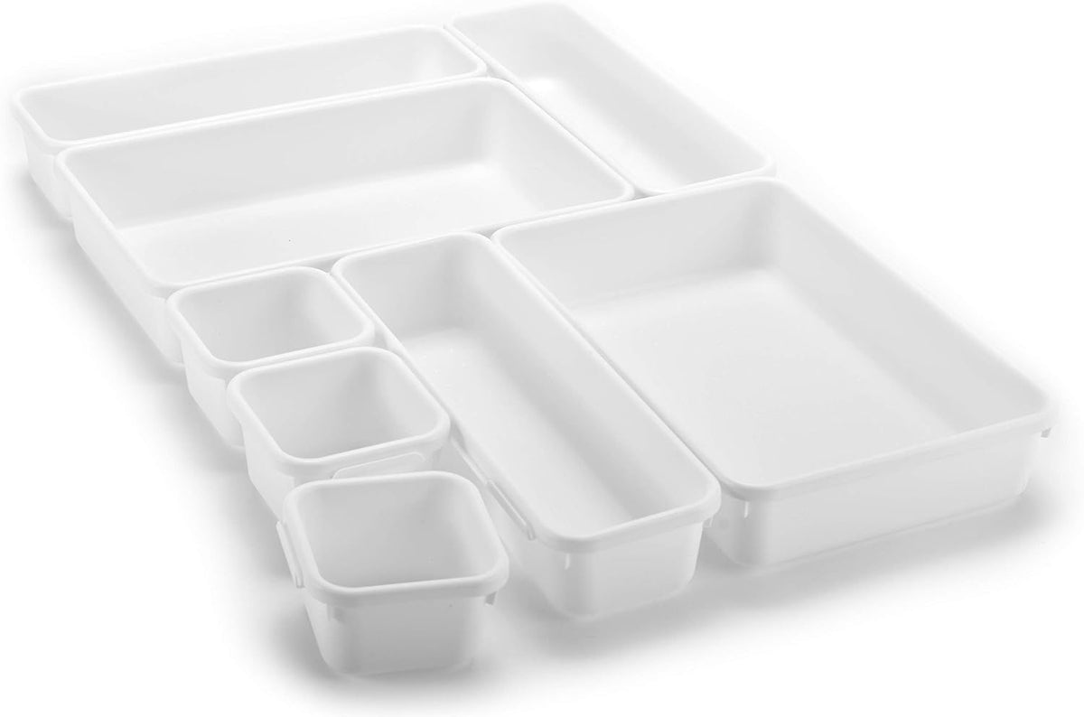Masirs Interlocking Drawer Organizer Bins - Durable Plastic, Various Sizes for Custom Layout Design. Great for Desk Drawer, Tool Box or Garage Organization. (White | 8-Piece Set)