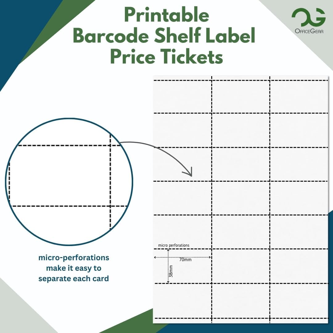 OfficeGear Shelf Edge Barcode Price Ticket Labels 21-up [55 Sheets - 1155 Pack] 38x70mm Custom Printable A4 120gsm Card Micro-Perforated Non-Adhesive Merchandise Tag Includes Design Template