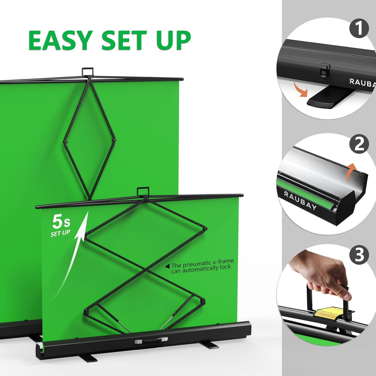【Easy Set Up】 RAUBAY 59.8 x 82.7in Collapsible Green Screen Backdrop Portable Retractable Chroma Key Panel Photo Background with Stand for Video Conference, Photographic Studio, Streaming